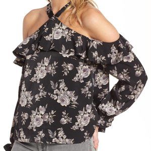 J.O.A. Ruffle Floral Print Cold Shoulder Top